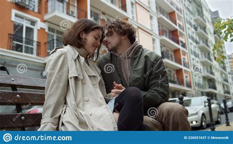 Lovely Couple Having Date Outdoor Man Caressing Woman Hand On City Street Stock Image Image