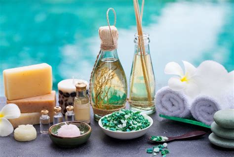 Spa And Wellness Massage Setting Still Life With Essential Oil Salt And Stones Stock Image