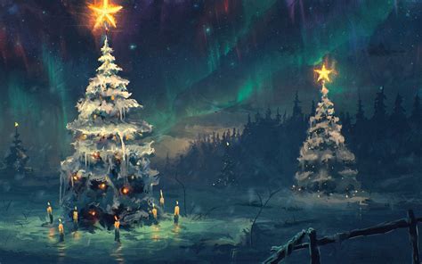 Northern Lights Sky Star Night Winter Christmas Tree Snow