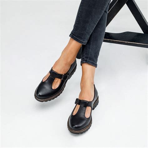 Womens Handmade Black Leather Mary Janes Shoes Flat Mary Jane Etsy