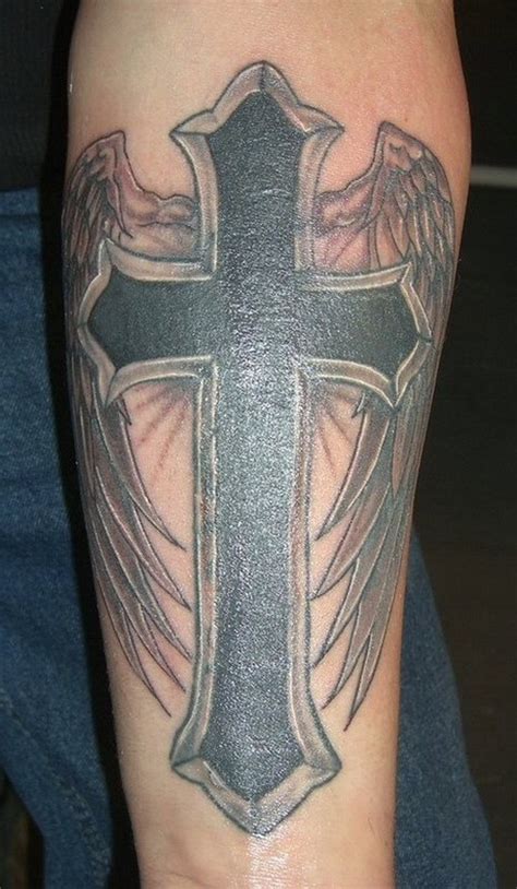 Rough Religious Black Cross With Wings Tattoo On Forearm Tattooimagesbiz