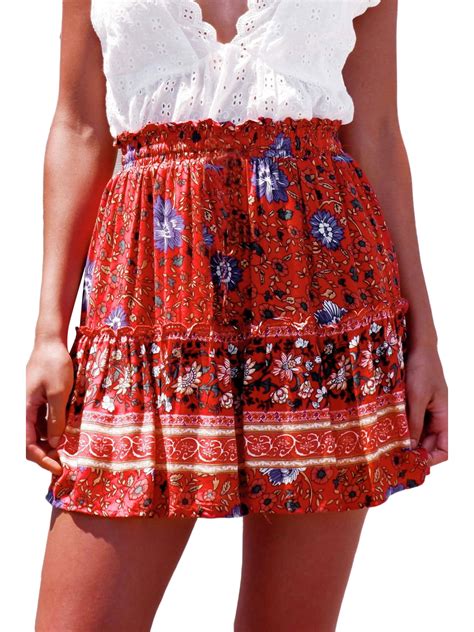 Womens Summer Boho Cute High Waist Ruffle Skirt Floral Print Swing Beach Mini Skirt