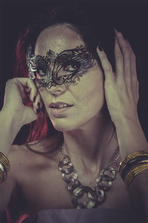 Boudoir Sensual Masked Woman Venetian Mask Brunette Young Stock