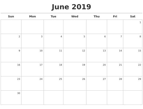 June 2019 Calendar Maker