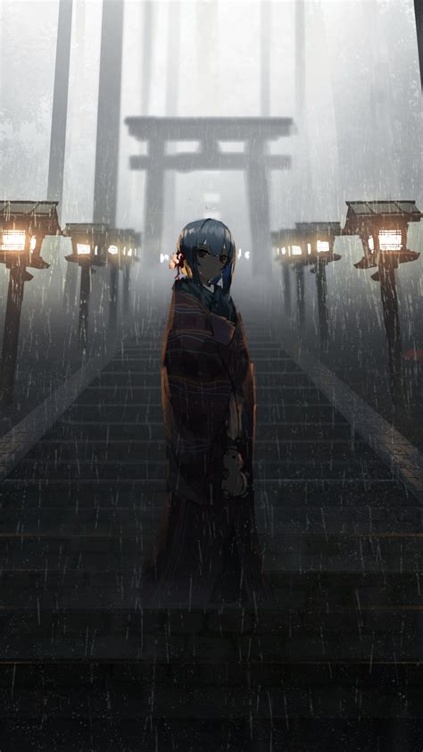 1440x2560 Anime Girl Standing In Rain Inside Torii 5k Samsung Galaxy S6