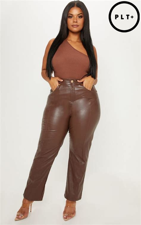 Plus Brown Faux Leather Straight Leg Pants Teenage Fashion Outfits