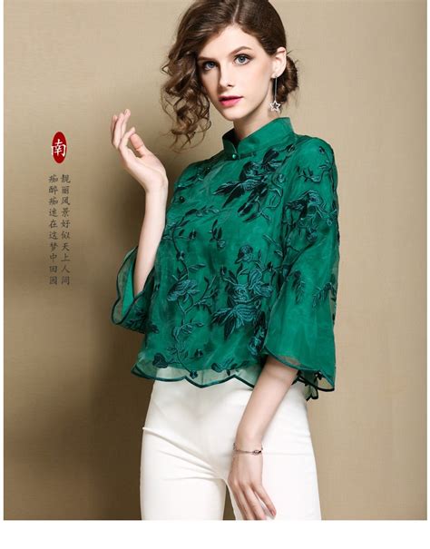 Modern Embroidery Lace Qipao Cheongsam Blouse Green Chinese Shirts