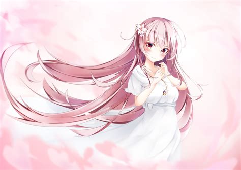 wallpaper smiling necklace white dress anime girl pink hair resolution 3500x2475 wallpx