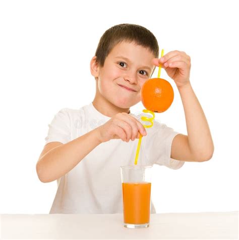 Boy Drink Orange Juice With A Straw Stock Image Image Of Emotion