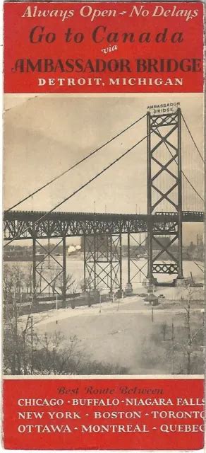 1953 Ambassador Bridge Road Map Detroit Michigan Windsor Ontario Canada