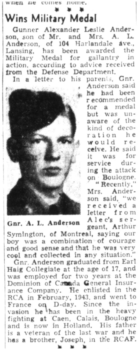 Alexander Leslie Anderson The Canadian Virtual War Memorial