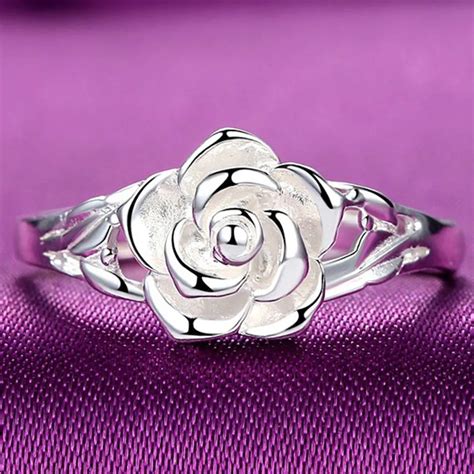 Fashion Silver Plated Rings Rose Flower Open Ring Hollow Out Design