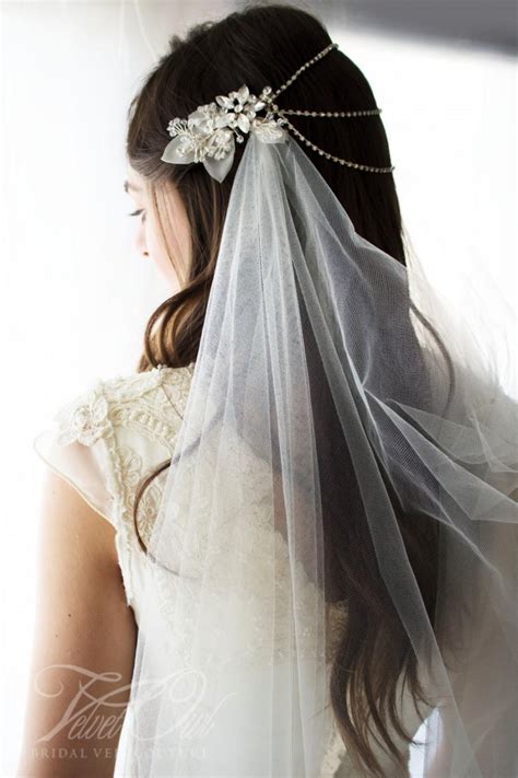 Bridal Draped Veil In Ivory Extra Fine Tulle Jeweled Headdress Silver