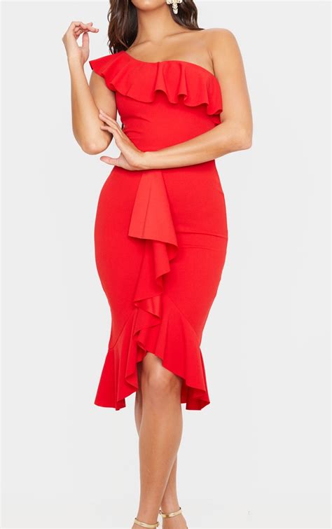 Red One Shoulder Ruffle Detail Midi Dress Prettylittlething