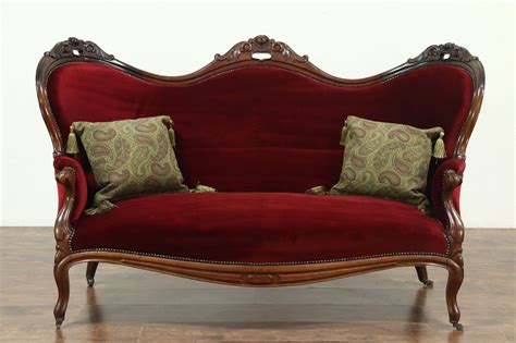 Sold Victorian 1870 Antique Carved Mahogany And Red Velvet Loveseat