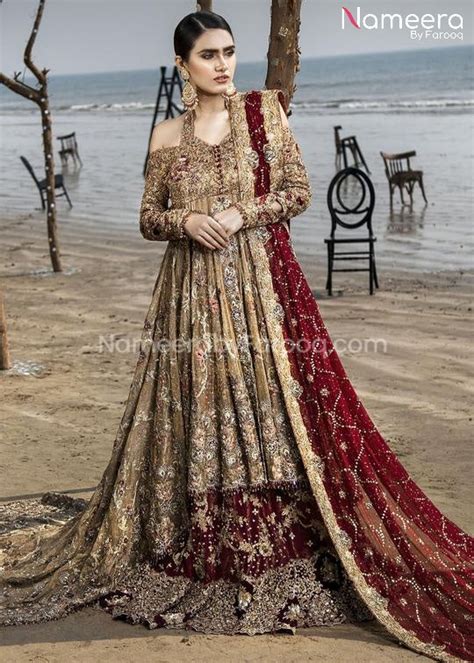 Latest Pakistani Bridal Red Lehenga With Long Tail Frock Nameera By Farooq
