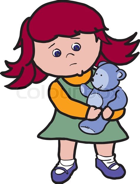 Sad Little Girl Holding A Toy Bear In Stock Vector Colourbox