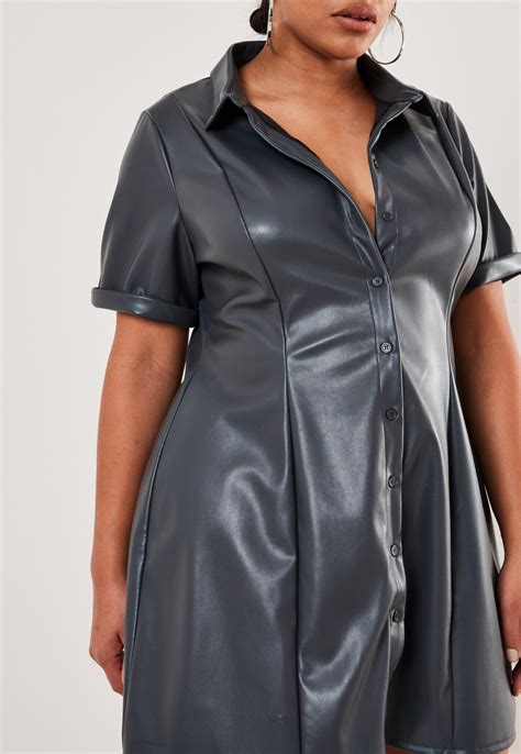 Plus Size Gray Faux Leather Shirt Dress Missguided