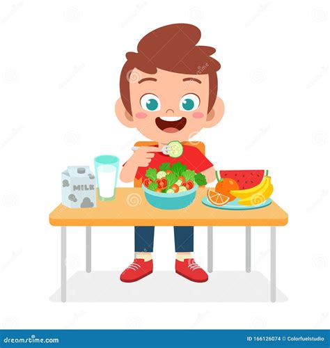 Happy Cute Kid Boy Eat Healthy Food Stock Vector Illustration Of Care