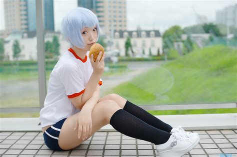 Aka Ayanami Rei Blue Hair Bun Buruma Cosplay Gym Uniform Kneesocks Neon Genesis Evangelion