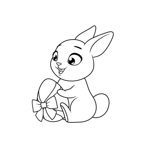 Cute Little Bunny Holding Easter Egg Cartoon Vector Black And White