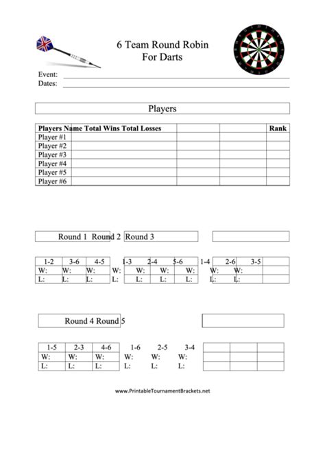 6 Team Round Robin Darts Tournament Template Printable Pdf Download