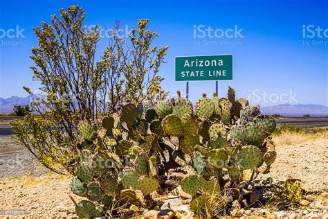 Arizona State Line Sign And Cactus With Desert Sky Mountain Stock Photo