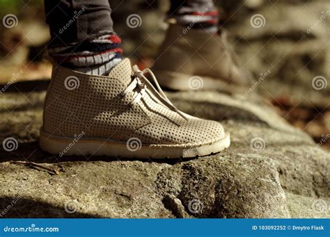 Feet In Shoes On A Forest Path Hiking Stock Photo Image Of Person