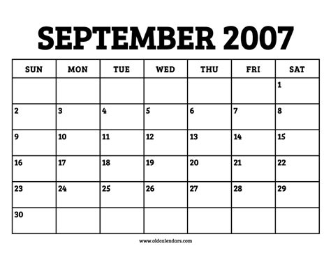 Calendar September 2007 Printable Old Calendars