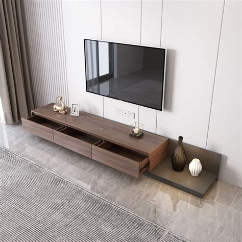 Minimalist 3 Drawer Retracted And Extendable Tv Stand In Walnut And Gray Up