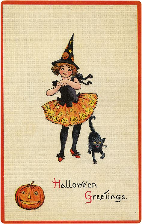 Cutest Vintage Witch Costume Halloween Postcard The Graphics Fairy