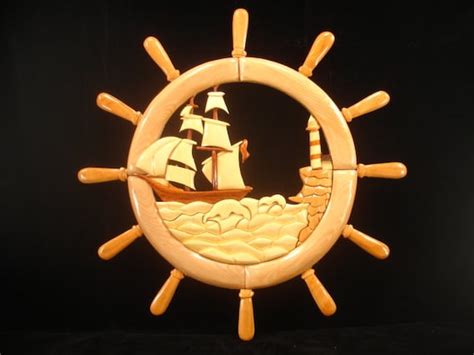 Hand Carved Wood Art Intarsia Sailboat Lighthouse By Myheritageusa