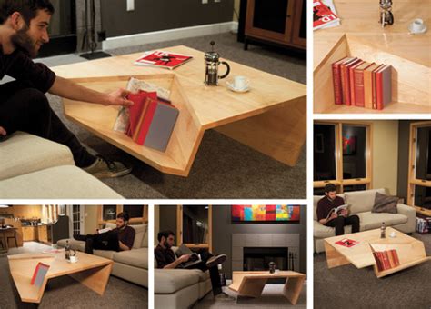 We're not sure about its exact dimensions, but the nook coffee table has ample space to fit in the usual assortment of items that end up on your. Nook Coffee Table Sports An Oddly-Shaped Bookshelf Corner
