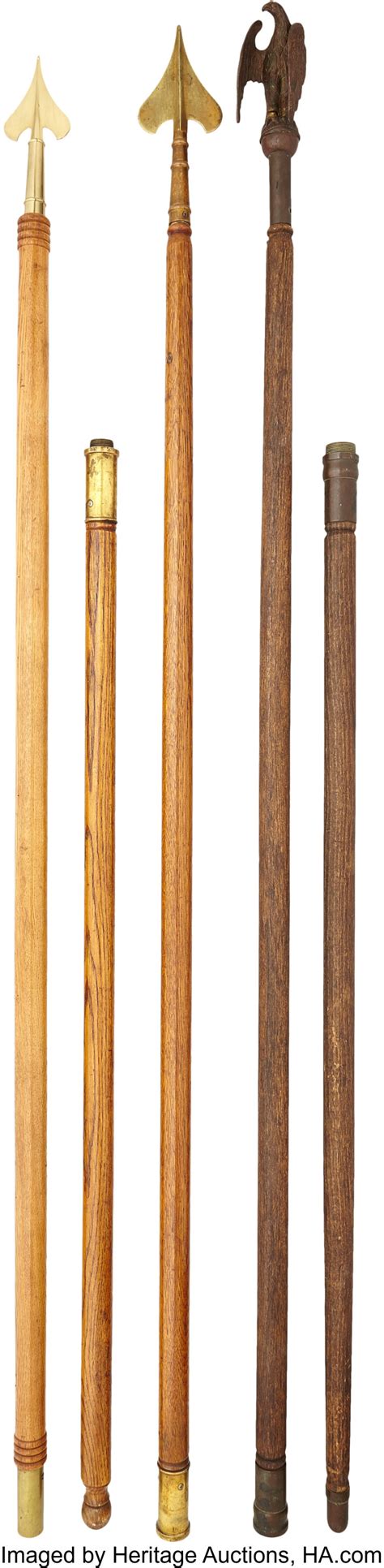 Three Civil War Style Wood Flag Poles And Pole Finials Military