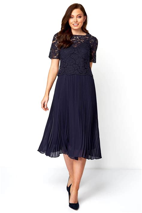 Buy Roman Navy Lace Top Overlay Pleated Midi Dress From The Next Uk