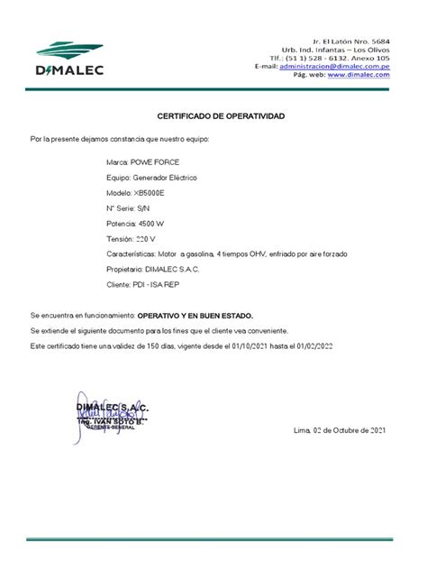 Certificado De Operatividad Generador Electrico Pdf