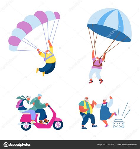 Elderly People Active Lifestyle Happy Aged Pensioner Characters Doing Extreme Sport Skydiving