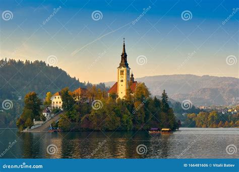 Beautiful Church In Middle Of Slovenian Bled Lake Slovenia Stock Photo