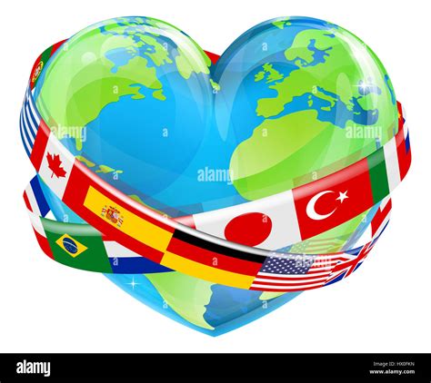 An Earth World Globe In A Heart Shape With Country Flags Around Stock