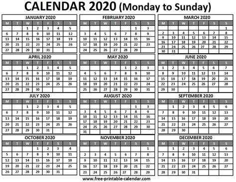 2020 Monday To Sunday Calendar Printable