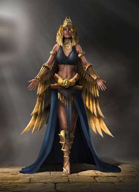 an egyptian woman dressed in gold and blue with wings on her chest standing against a dark