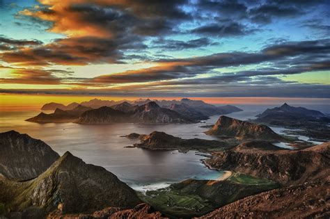 2048x1362 Sunset Island Lofoten Mountain Norway Clouds Beach Sea