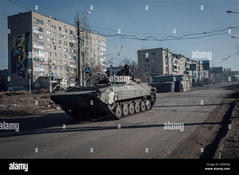 January 27 2023 Bakhmut Donbass Ukraine A Ukrainian Tank Passes