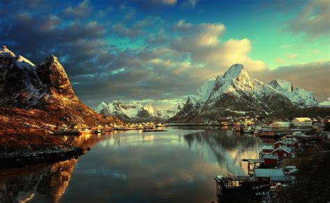 Pictures Lofoten Norway Village Winter Mountain Landscape