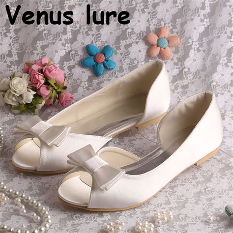 Off White Satin Wedding Flats Peep Toe Bow Summer Shoes For Bride In