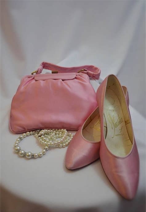 Pink Satin Matching Vintage Shoes And Handbag With Original Mirror And Coin Purse Shoe And Bag