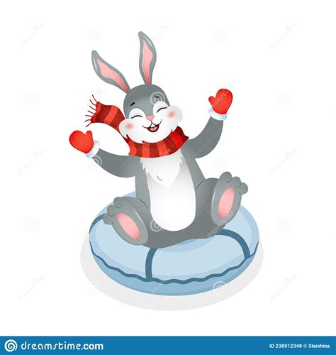 Cute Bunny Slide Down On Snow Tubing Year Of Rabbit Chinese New Year
