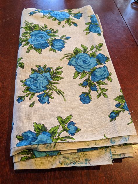 Large Blue And Green Cabbage Roses Barkcloth Fabric One Piece 4 Yards