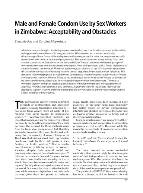 Pdf Male And Female Condom Use By Sex Workers In Zimbabwe Acceptability And Obstacles