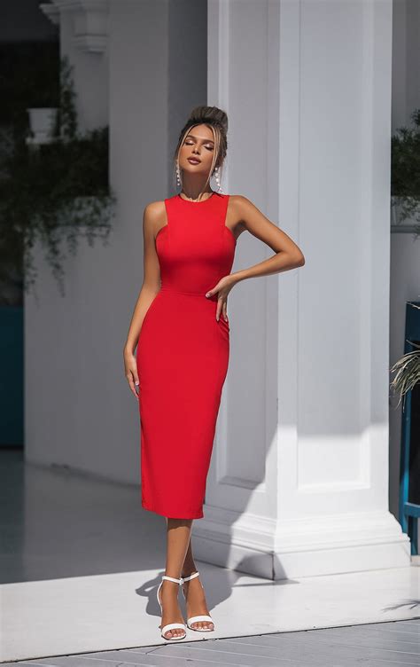 Red Bodycon Midi Dress For Women Sexy Halter Neck Midi Dress Red